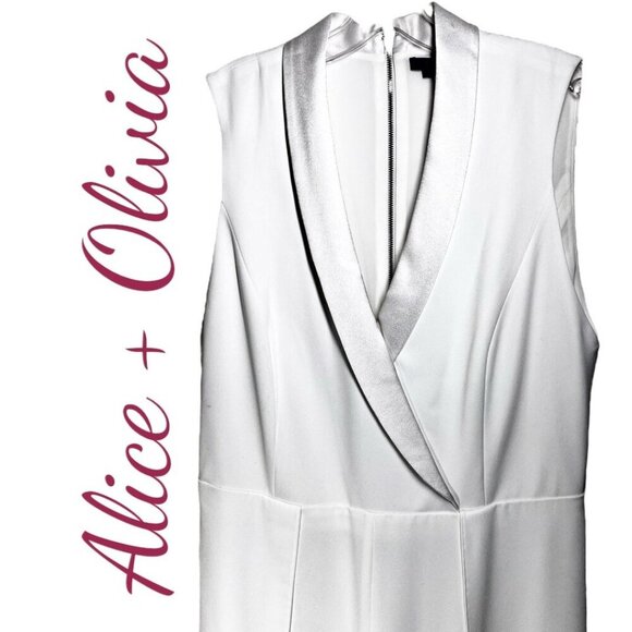 NWT ALICE + OLIVIA Bebe White Shawl Collar Split Leg Sleeveless Jumpsuit Size 12 - Picture 7 of 14